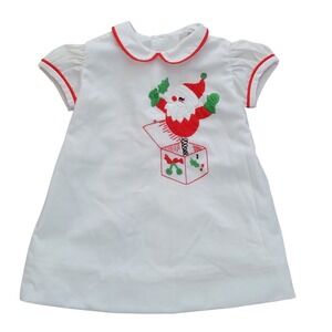 Vintage Baby Girl Christmas Handmade Embroidered Santa Jack-in-the-Box Dress